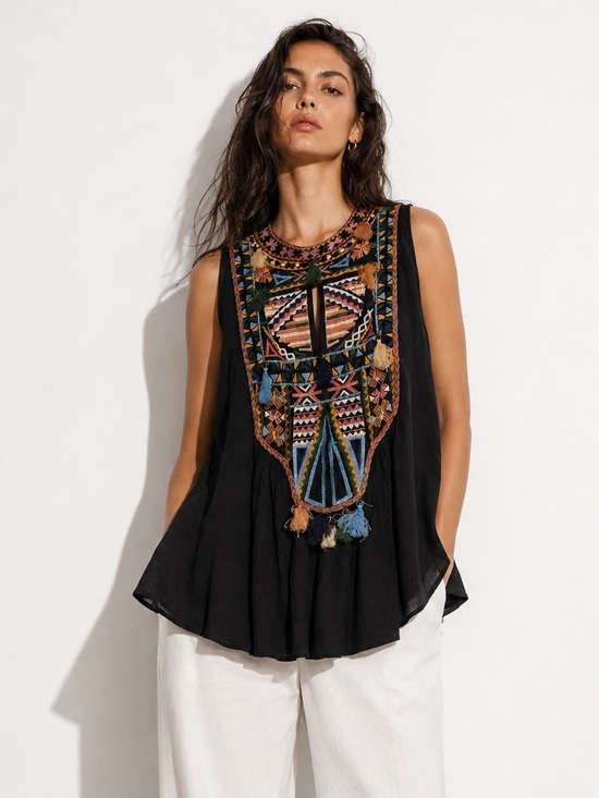 Zara Tops - ZARA Woman Embroidered Boho Sleeveless Blouse Tassel Detail Size S